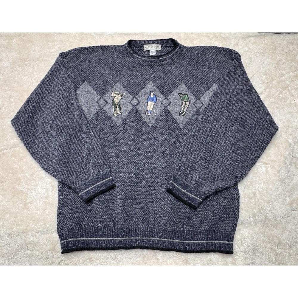 Grand Slam Golf Sweater Mens Large Blue Argyle Knit Embroidered Vintage Golfcore